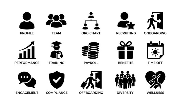 Business icons set: recruiting, training, diversity, payroll, wellness