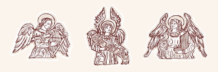 Obraz premium Holy celestial choir of angels hand drawn illustration set. Flat isolated contour line art angelic drawing. Musical biblical guardian angel design. Christian religious bible journaling sticker bundle