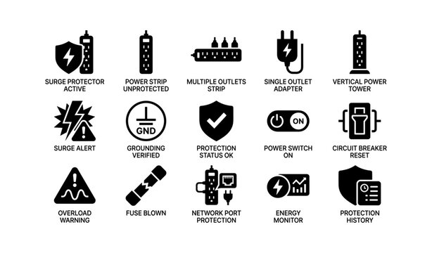 Electrical safety icons set including surge protector, power strip, shield, alert symbols