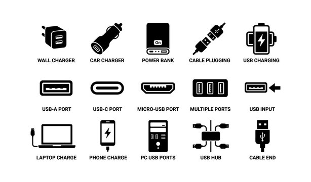 Essential charging devices icons: wall, car chargers, power bank, usb ports