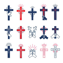 Obraz premium Christian Cross Symbols: Faith, Hope, Love, Prayer, Dove, Hands