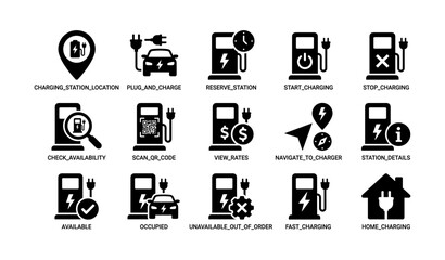 Electric vehicle charging icon set: stations, location, availability, fast charging, home options