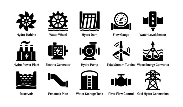 Hydro turbine and energy icon set: water power, turbine, sensor, reservoir