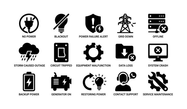 Power and system failure icons: alert, maintenance, backup, and support