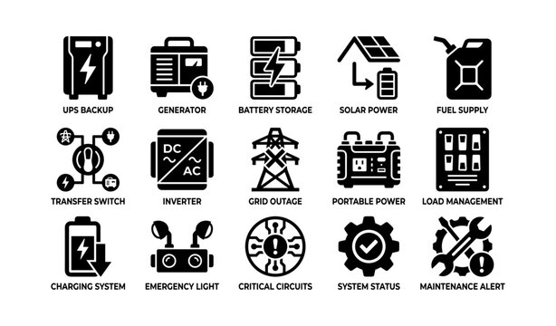 Electrical power system icons: backup, generator, battery, solar, fuel