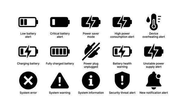 Battery and system alert icons including power saver and overheating warnings