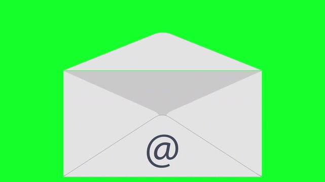email @ sign logo on a paper letter envelope pops up spinning on screen before opening up the flap before closing and then spins away, electronic mail 4K animated icon symbol with green screen