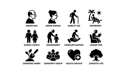 Fototapeta premium Elderly support icons: senior men women, health, longevity, retirement activities
