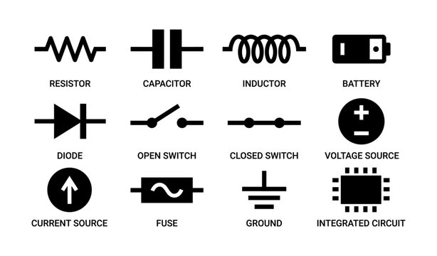 Basic electrical circuit symbols: resistor, capacitor, inductor, battery, diode, switch, voltage source, fuse