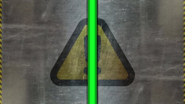 transition wipe of warning hazard danger sign automatic steel door shutters opening and closing, multiple transitions with a heavy duty industrial style  and green screen background 4K animation