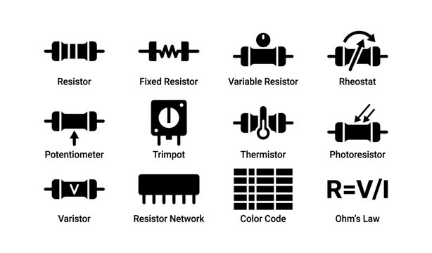 Electrical components: resistors, thermistor, rheostat, and ohm's law chart
