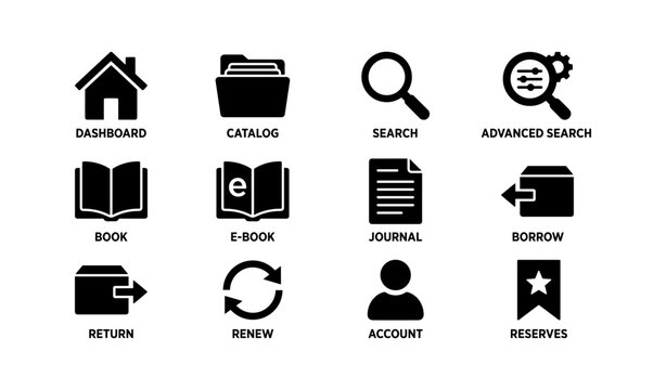 Library icon set: dashboard, catalog, search, e-book, journal, account, reserves