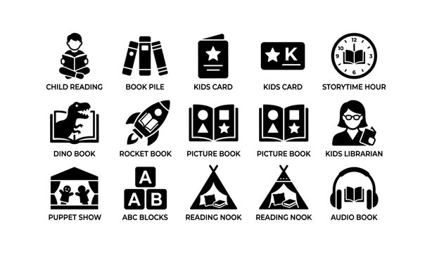 Child literacy icons: reading, books, librarian, puppet show, audio book