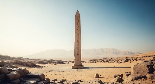Ancient obelisk stands tall in a desert landscape, sunlight illuminating hieroglyphs