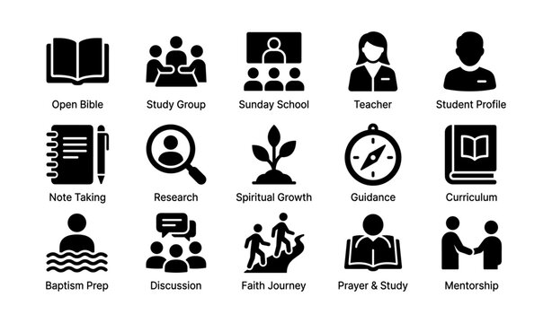 Icons representing bible, study groups, education, guidance, and faith development