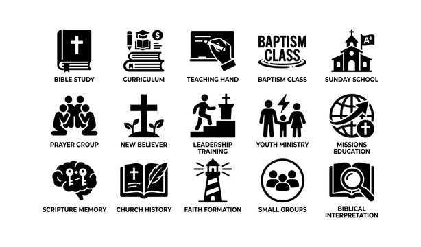 Religious education icons: bible study, curriculum, youth ministry, baptism class, church symbols