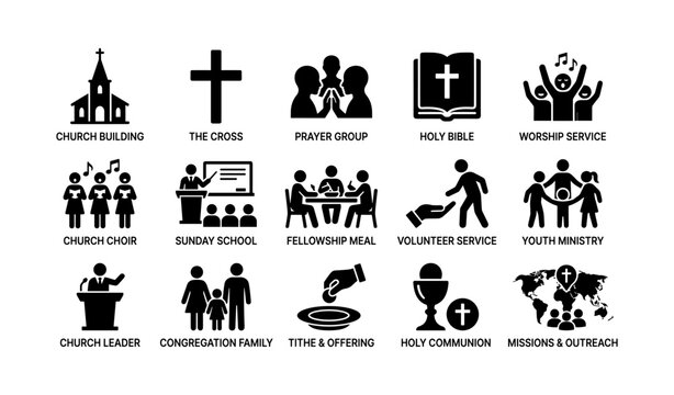 Church activities icons: worship, prayer, bible study, community service, fellowship