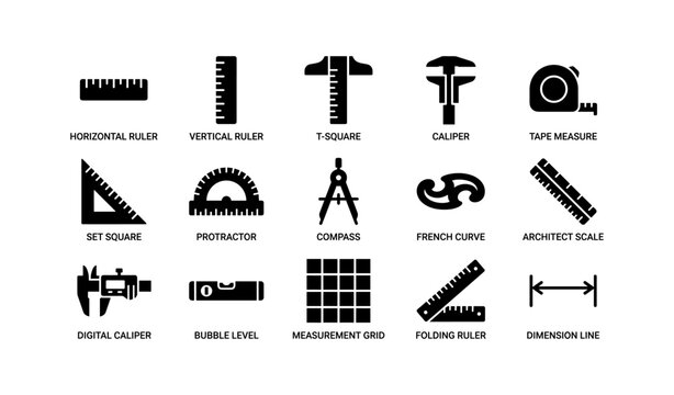 Various measuring tools: rulers, calipers, compass, set square, tape measure icons