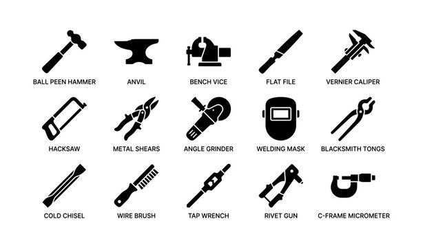 Black silhouette icons of various industrial tools on white background