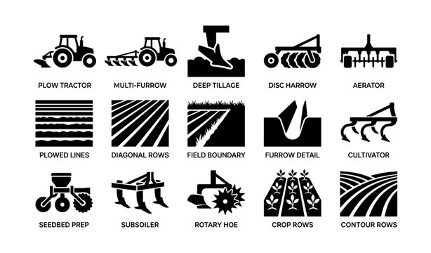 Agricultural equipment icons: plow, harrow, aerator, subsoiler, crop rows