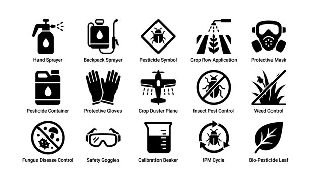 Pesticide equipment and safety symbols: sprayers, masks, and control icons