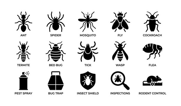 Silhouettes of common household pests and pest control icons