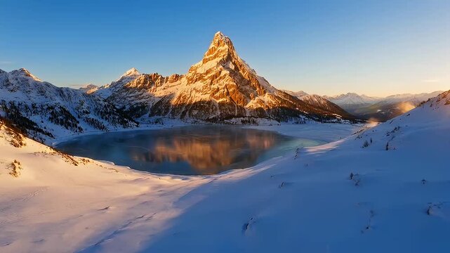 Majestic mountain reflecting on a frozen lake at golden hour in winter