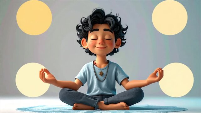 Cartoon child meditating with serene expression, hands in mudra, amid soft glowing orbs
