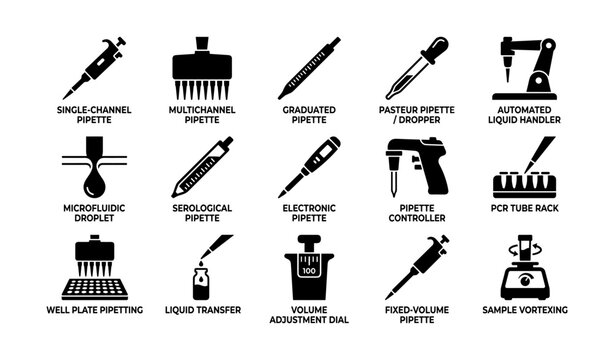 Laboratory pipettes and equipment icons for scientific research