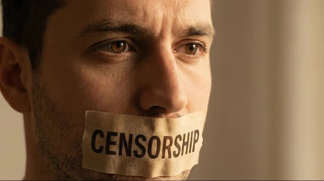 Serious young man with 'CENSORSHIP' tape covering his mouth, symbolizing the concept of freedom of speech suppression and media control