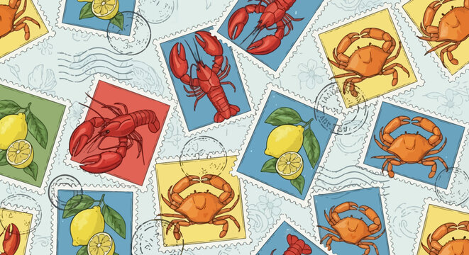 Colorful seamless pattern with crab and lemon illustrations on postage stamps.