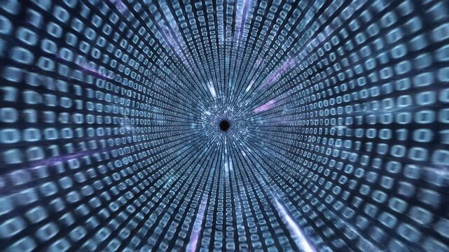 Abstract digital tunnel of glowing blue binary code lines receding into darkness