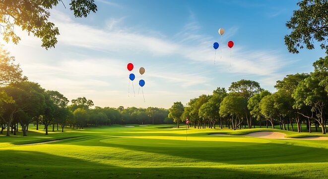 golf course with colorful balloons flying over green grass and trees