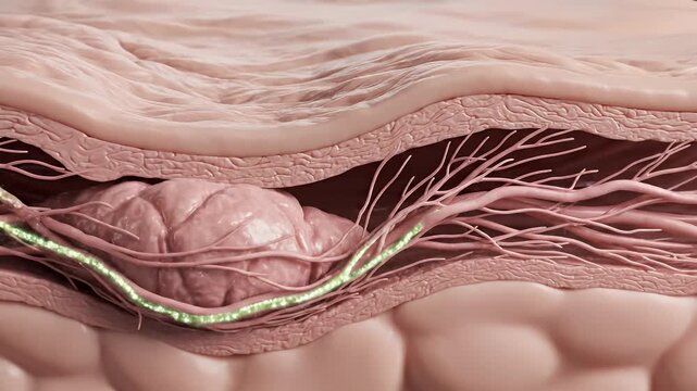 Microscopic view of skin cells with golden and green nutrient capsules bursting