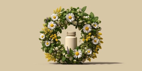 Fototapeta premium Minimal medicine container surrounded by chamomile and botanical wreath, perfect mockup for eco pharmacy, aromatherapy and clean label products