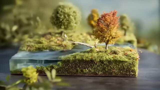 Artistic Miniature Landscape: Two figures walk across a verdant diorama with a flowing river and verdant trees