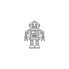 Simple line art illustration of a retro-style robot with antennas and mechanical details on a white background.
