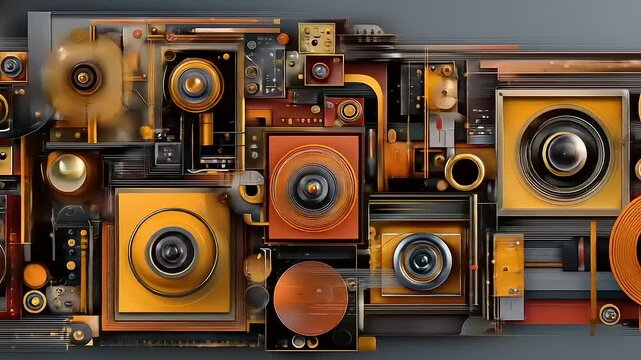 Intricate audio component arrangement creating abstract tech landscape in metallic gradients and muted earth tones