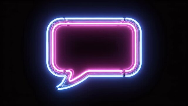 A rectangular neon speech bubble glows with pink and blue light against black