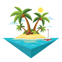 Fototapeta premium Sunny tropical island paradise illustration with palm trees, sandy beach, and sailboat on calm blue ocean.