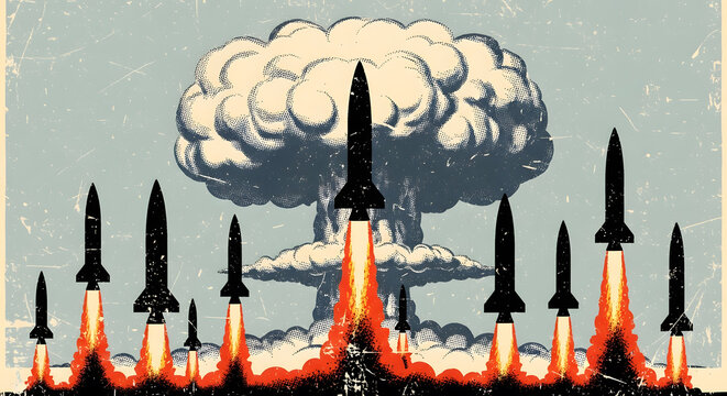Vintage Nuclear War Propaganda Illustration | Missiles Launching with Large Atomic Mushroom Cloud Background | Retro Distressed Art Representing Global Conflict and Armageddon | Cold War Style