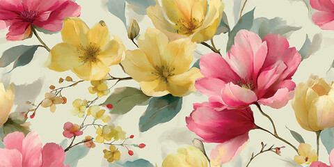 Naklejka premium Large Watercolor Botanical Floral Seamless Pattern with Peony and Magnolia Flowers.