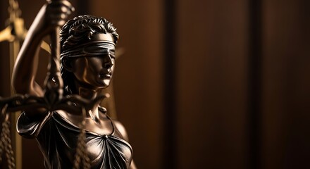 Obraz premium Bronze statue of Lady Justice with blindfold, holding scales, in a courtroom setting