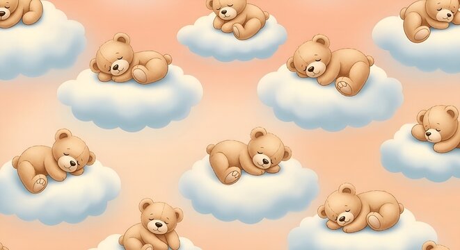 Cute cartoon teddy bears sleeping peacefully on fluffy white clouds against a soft peach background texture