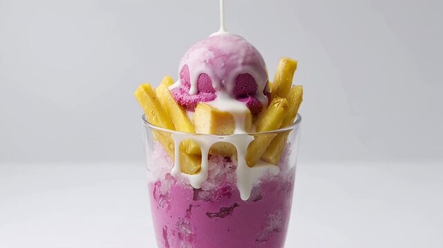 Delectable HaloHalo Dessert with Ube Ice Cream, Fried Bananas, and Cream Drizzle