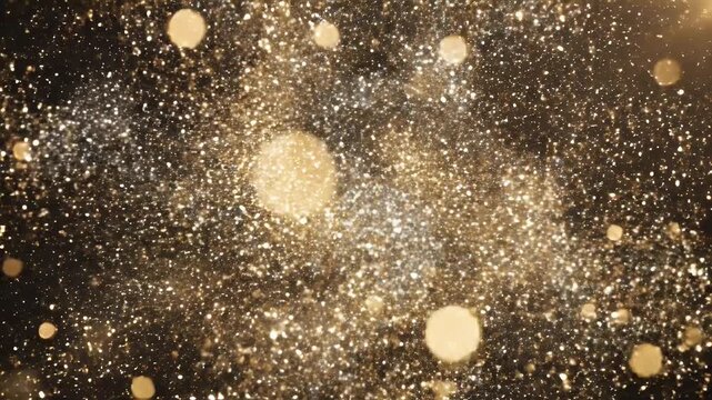 A dark, abstract background with a central burst of sparkling gold and silver dust with soft, out-of-focus golden circles