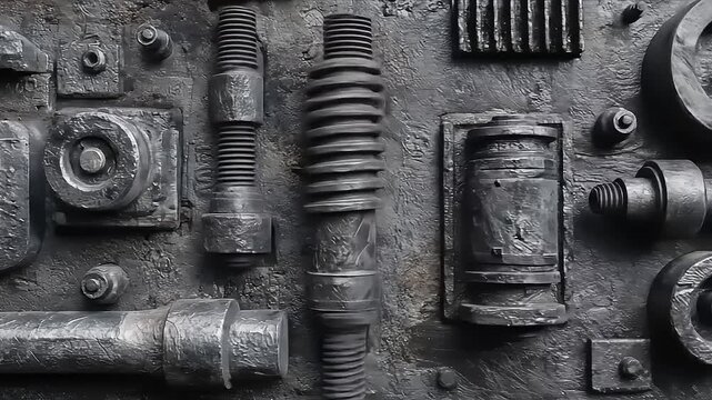 Detailed textural view of metallic components forming an abstract industrial assemblage, showcasing intricate metal craftsmanship