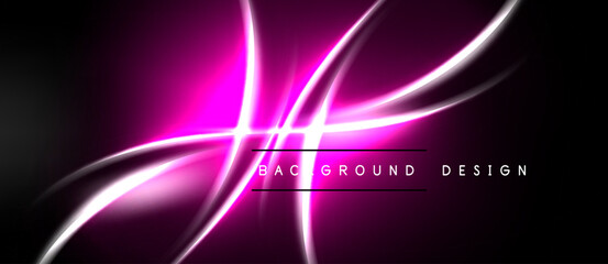 Obraz premium Abstract neon lines create dynamic light effect. Dark background emphasizes vibrant pink glow, modern design element.