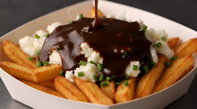 Closeup shot of delicious Poutine, a French Canadian dish, being prepared in restaurant