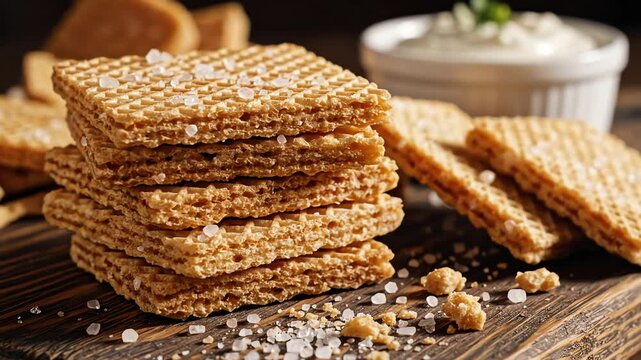Stack of square crackers with salt and creamy dip